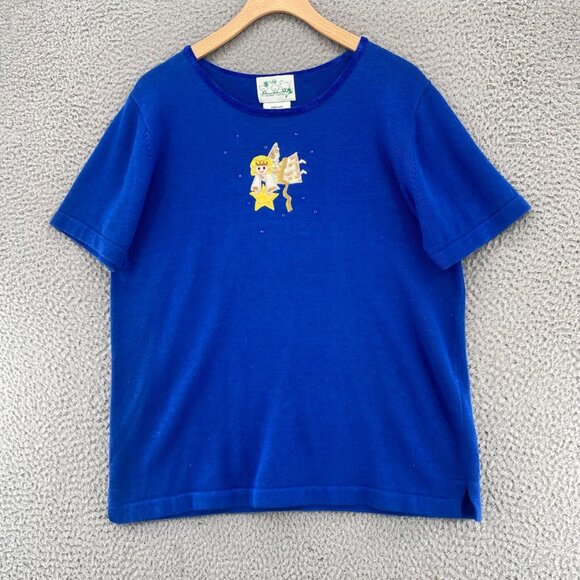 The Quacker Factory Sweater Womens Medium Blue Angel Sequin Short Sleeves NWT - Picture 1 of 11